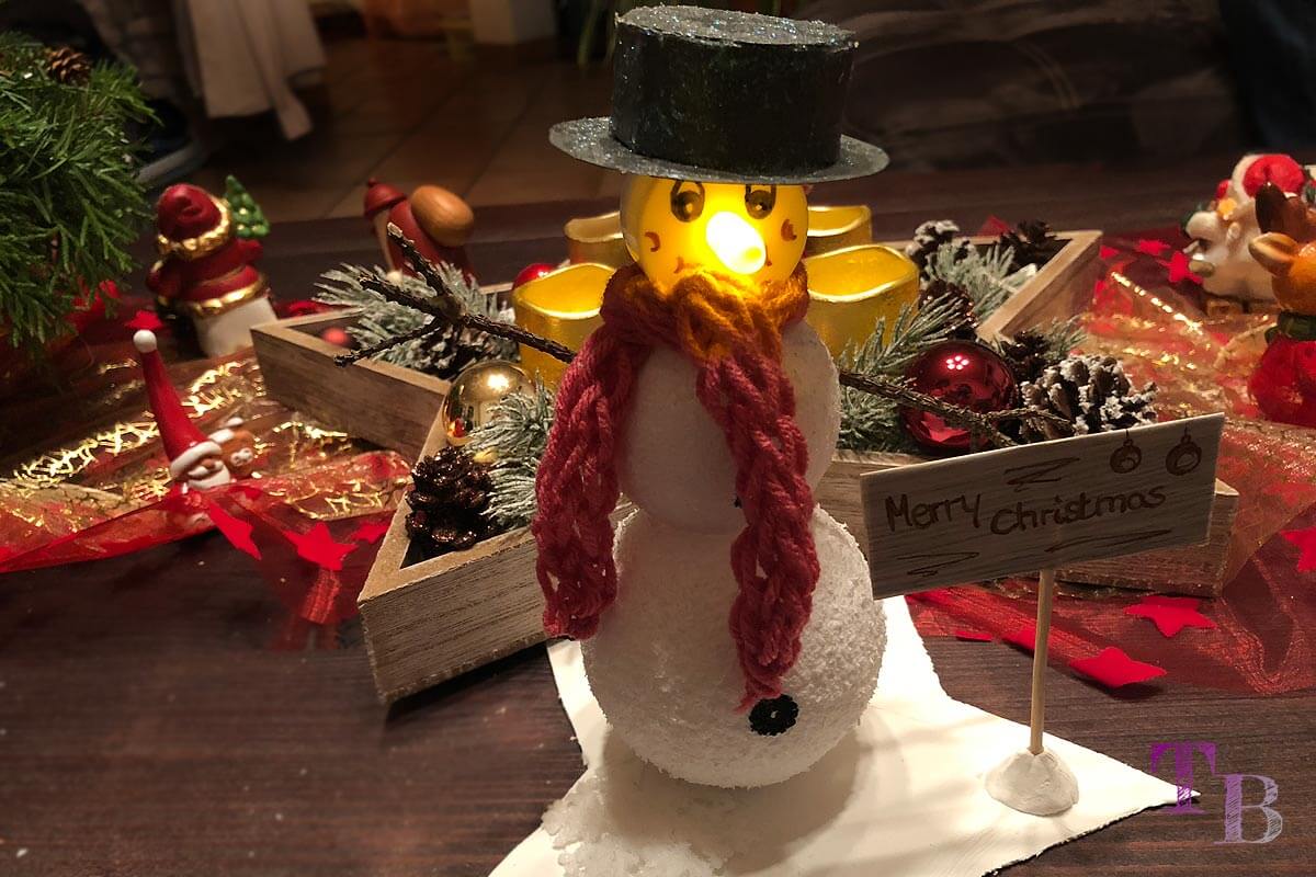 DIY Schneemann aus Styroporkugeln mit LED-Teelicht – Geschenkidee zu Weihnachten